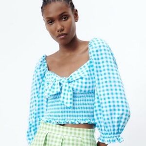 Zara Gingham Checked Blue White Crop Tie Top Small NEW NWT Summer Feminine